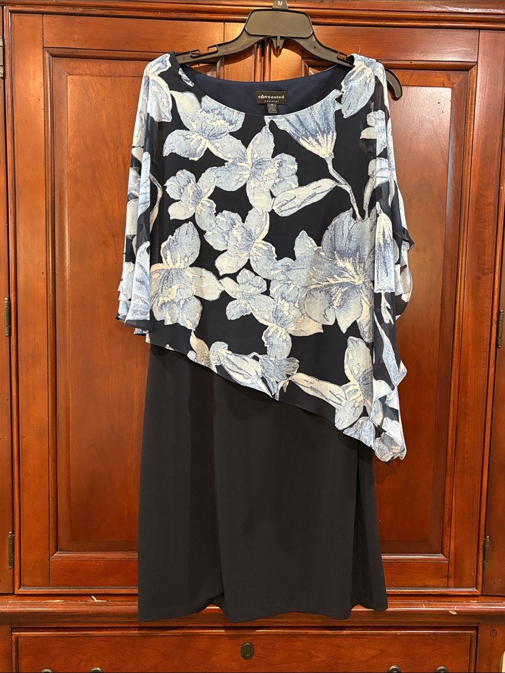 connected apparel Navy Floral Asymmetrical Overlay Dress